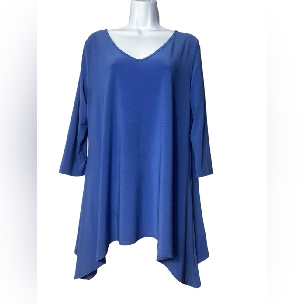 Clara Sun Woo Women’s Jersey Knit Blue Trapeze Top Size Large Made in USA Hi-low